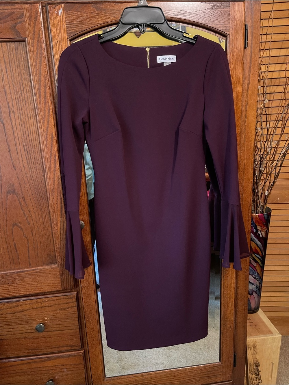 Calvin Klein Deep Plum Long-Sleeve Sheath Dress with Fluted Cuffs